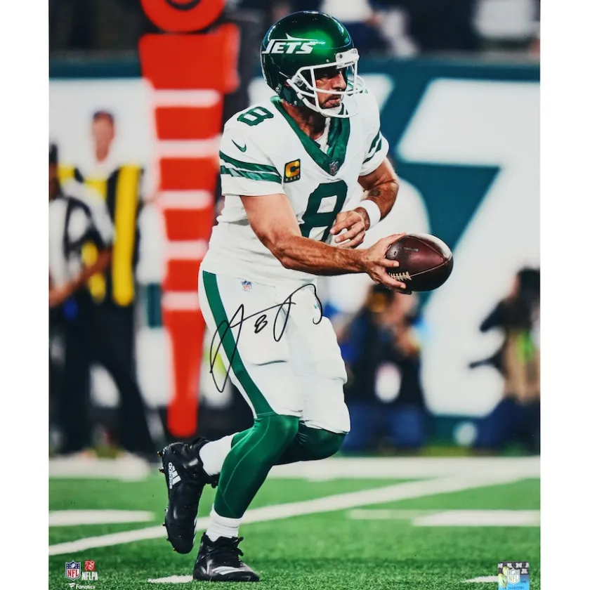 Photos|Prints & Artwork^New York Jets Aaron Rodgers Autographed 16" X 20" Handoff Photograph
