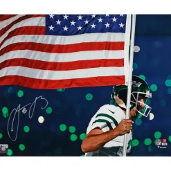 Photos|Prints & Artwork^New York Jets Aaron Rodgers Autographed 16" X 20" Running With American Flag Photograph