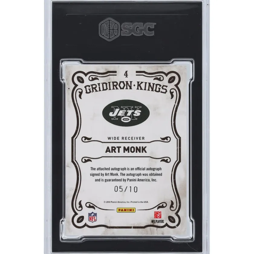 Trading Cards^New York Jets Art Monk Autographed 2010 Panini Threads Gridiron Kings #4 #5/10 SGC Authenticated 9.5/10 Card