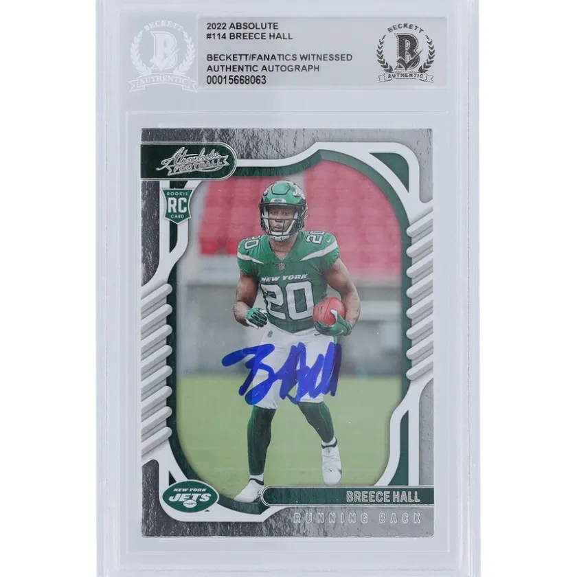 Trading Cards^New York Jets Breece Hall 2022 Panini Absolute #114 Beckett Fanatics Witnessed Authenticated Rookie Card