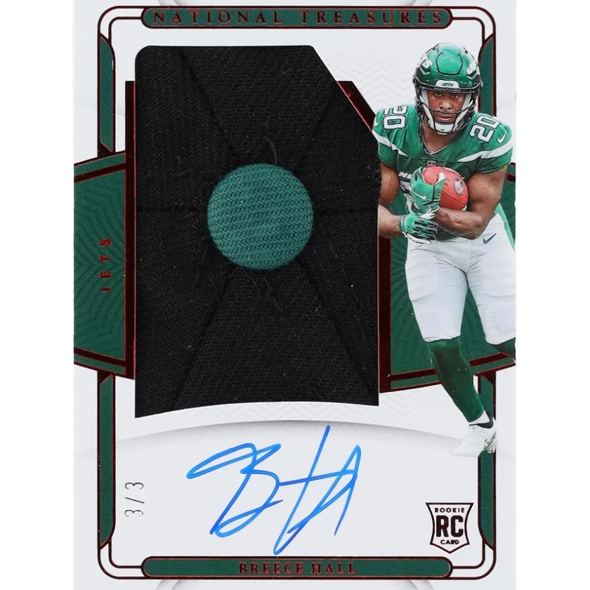 Trading Cards^New York Jets Breece Hall Autographed 2022 Panini National Treasures Cap Patch Relic #RHS-BHA #3/3 BGS Authenticated Rookie Card