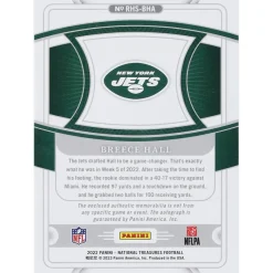 Trading Cards^New York Jets Breece Hall Autographed 2022 Panini National Treasures Cap Patch Relic #RHS-BHA #3/3 BGS Authenticated Rookie Card