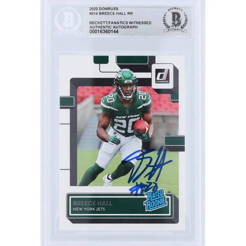 Trading Cards^New York Jets Breece Hall Autographed 2022 Panini Donruss Rated Rookie #314 Beckett Fanatics Witnessed Authenticated Rookie Card