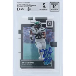 Trading Cards^New York Jets Breece Hall Autographed 2022 Panini Donruss Rated Rookie #214 Beckett Fanatics Witnessed Authenticated 9/10 Rookie Card