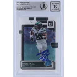 Trading Cards^New York Jets Breece Hall Autographed 2022 Panini Donruss Rated Rookie #214 Beckett Fanatics Witnessed Authenticated 10 Rookie Card
