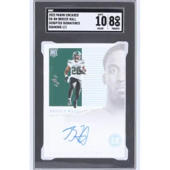 Trading Cards^New York Jets Breece Hall Autographed 2022 Panini Encased Scripted Signatures Diamond #SS-BH #1/1 SGC Authenticated 8/10 Rookie Card