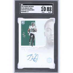 Trading Cards^New York Jets Breece Hall Autographed 2022 Panini Encased Scripted Signatures Diamond #SS-BH #1/1 SGC Authenticated 8/10 Rookie Card