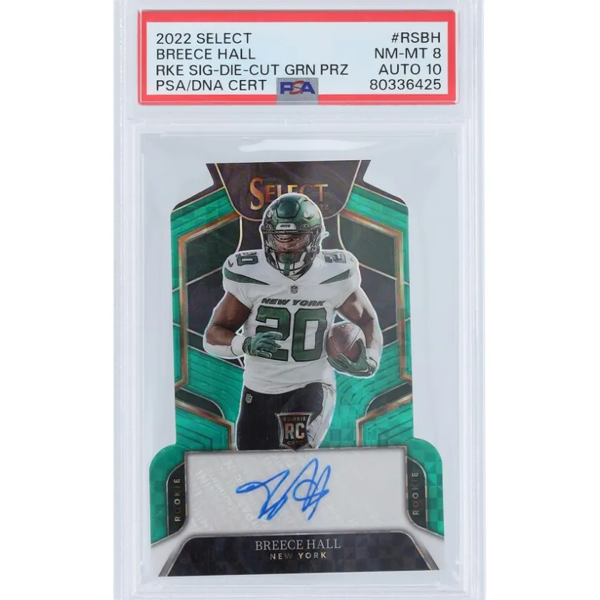 Trading Cards^New York Jets Breece Hall Autographed 2022 Panini Select Green Die-Cut #RS-BH #4/5 PSA Authenticated 8/10 Rookie Card
