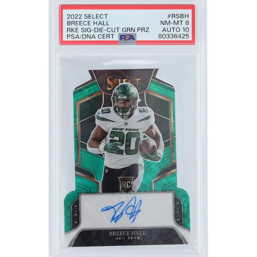 Trading Cards^New York Jets Breece Hall Autographed 2022 Panini Select Green Die-Cut #RS-BH #4/5 PSA Authenticated 8/10 Rookie Card