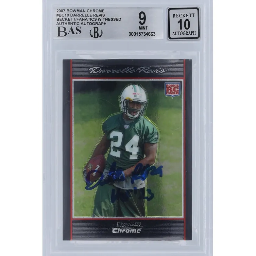 Trading Cards^New York Jets Darrelle Revis Autographed 2007 Bowman Chrome #BC10 Beckett Fanatics Witnessed Authenticated 9/10 Rookie Card With "HOF '23" Inscription