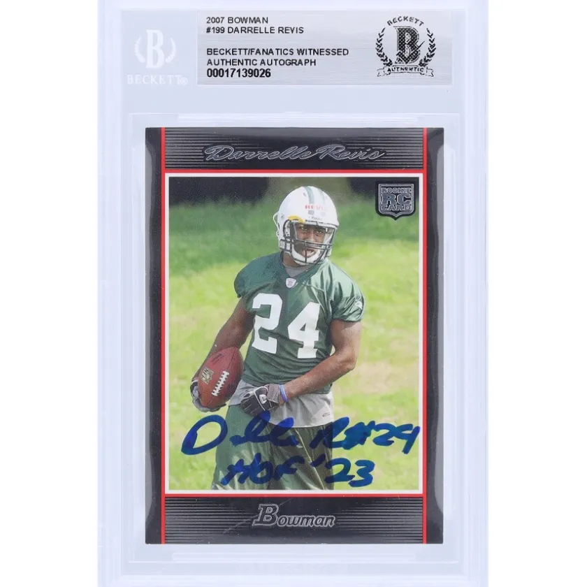 Trading Cards^New York Jets Darrelle Revis Autographed 2007 Bowman #199 Beckett Fanatics Witnessed Authenticated Rookie Card With "HOF '23" Inscription