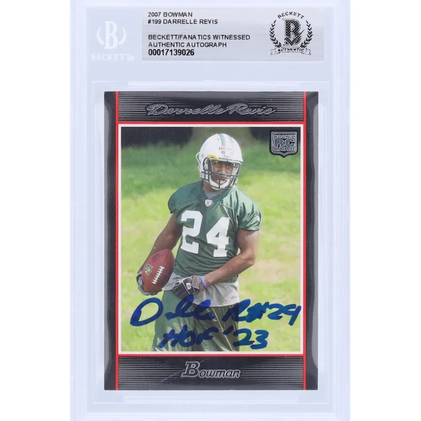 Trading Cards^New York Jets Darrelle Revis Autographed 2007 Bowman #199 Beckett Fanatics Witnessed Authenticated Rookie Card With "HOF '23" Inscription