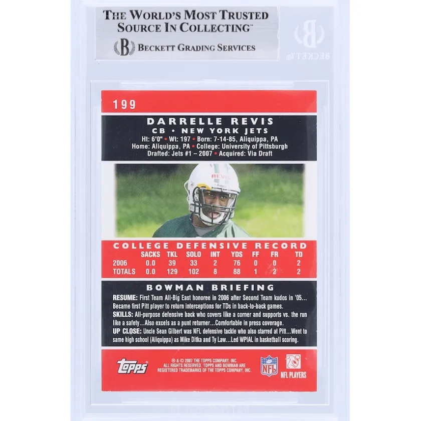 Trading Cards^New York Jets Darrelle Revis Autographed 2007 Bowman #199 Beckett Fanatics Witnessed Authenticated Rookie Card With "HOF '23" Inscription