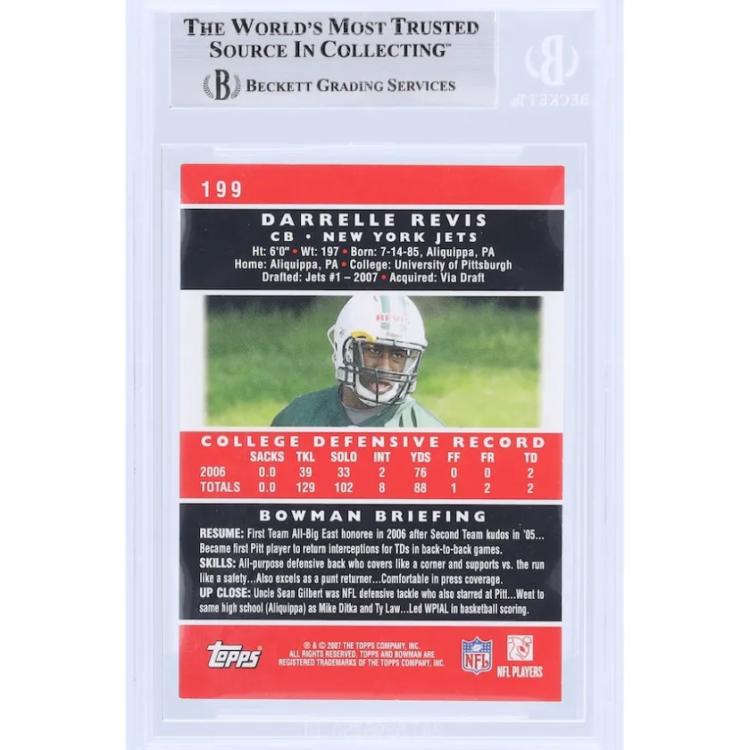 Trading Cards^New York Jets Darrelle Revis Autographed 2007 Bowman #199 Beckett Fanatics Witnessed Authenticated Rookie Card