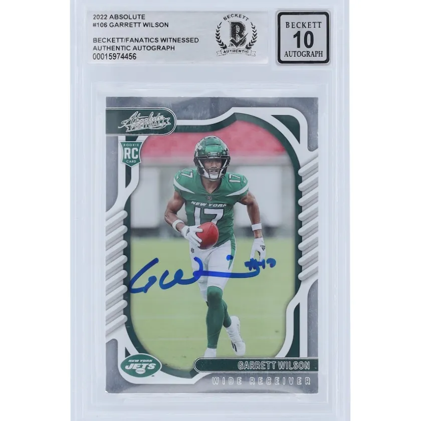 Trading Cards^New York Jets Garrett Wilson Autographed 2022 Panini Absolute #106 Beckett Fanatics Witnessed Authenticated 10 Rookie Card