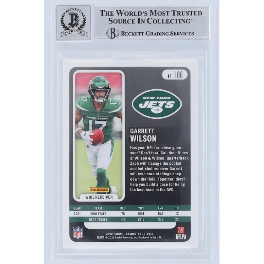 Trading Cards^New York Jets Garrett Wilson Autographed 2022 Panini Absolute #106 Beckett Fanatics Witnessed Authenticated 10 Rookie Card