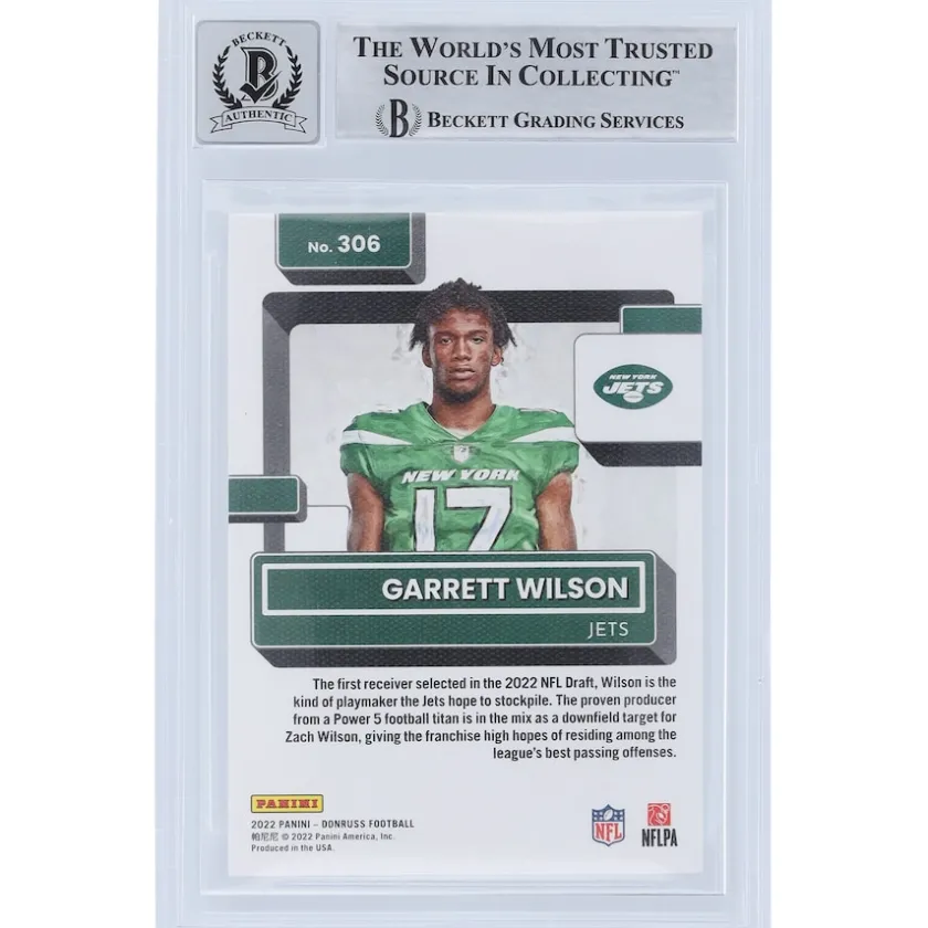 Trading Cards^New York Jets Garrett Wilson Autographed 2022 Panini Donruss Rated Rookie Canvas #306 Beckett Fanatics Witnessed Authenticated 10 Rookie Card