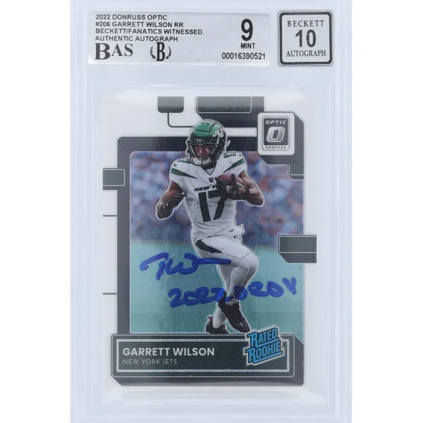 Trading Cards^New York Jets Garrett Wilson Autographed 2022 Panini Donruss Optic Rated Rookie #206 Beckett Fanatics Witnessed Authenticated 9/10 Rookie Card With "2022 OROY" Inscription