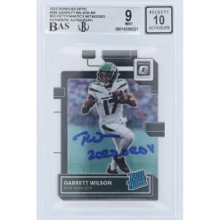 Trading Cards^New York Jets Garrett Wilson Autographed 2022 Panini Donruss Optic Rated Rookie #206 Beckett Fanatics Witnessed Authenticated 9/10 Rookie Card With "2022 OROY" Inscription