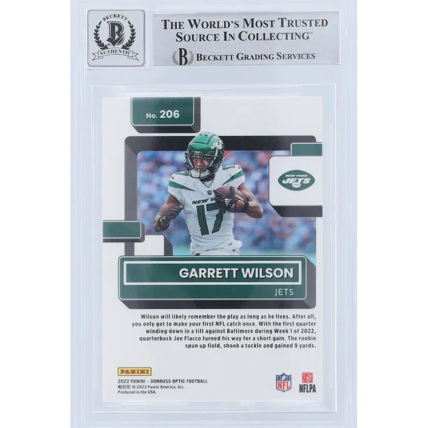 Trading Cards^New York Jets Garrett Wilson Autographed 2022 Panini Donruss Optic Rated Rookie #206 Beckett Fanatics Witnessed Authenticated 9/10 Rookie Card With "2022 OROY" Inscription