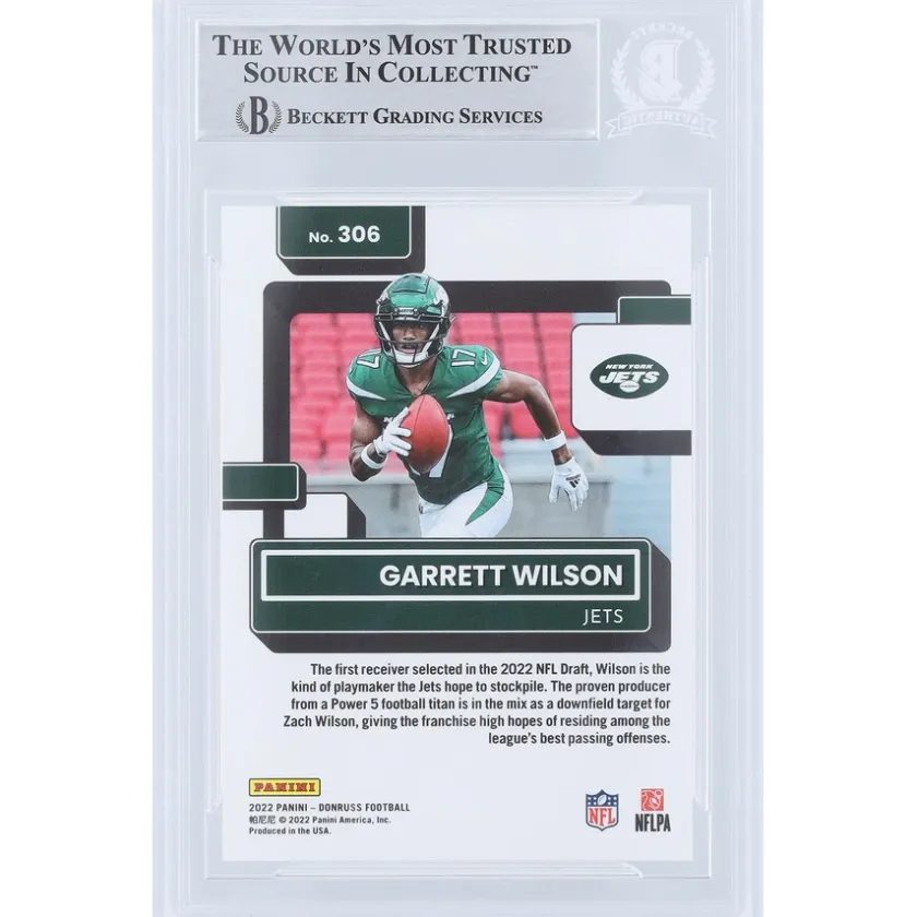 Trading Cards^New York Jets Garrett Wilson Autographed 2022 Panini Donruss Rated Rookie Press Proof Premium #306 Beckett Fanatics Witnessed Authenticated Rookie Card With "2022 OROY" Inscription