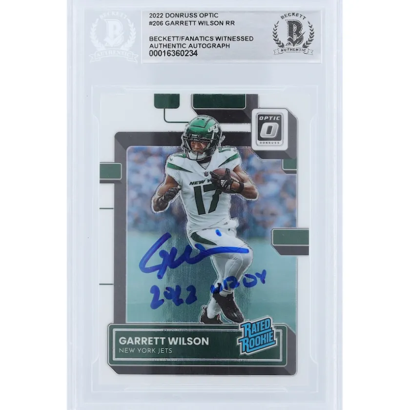 Trading Cards^New York Jets Garrett Wilson Autographed 2022 Panini Donruss Optic Rated Rookie #206 Beckett Fanatics Witnessed Authenticated Rookie Card With "2022 OROY" Inscription