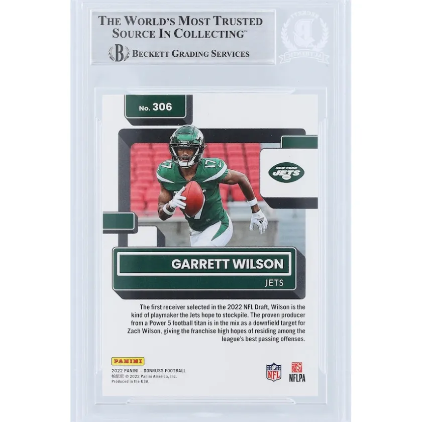 Trading Cards^New York Jets Garrett Wilson Autographed 2022 Panini Donruss Rated Rookie #306 Beckett Fanatics Witnessed Authenticated Rookie Card With "2022 OROY" Inscription