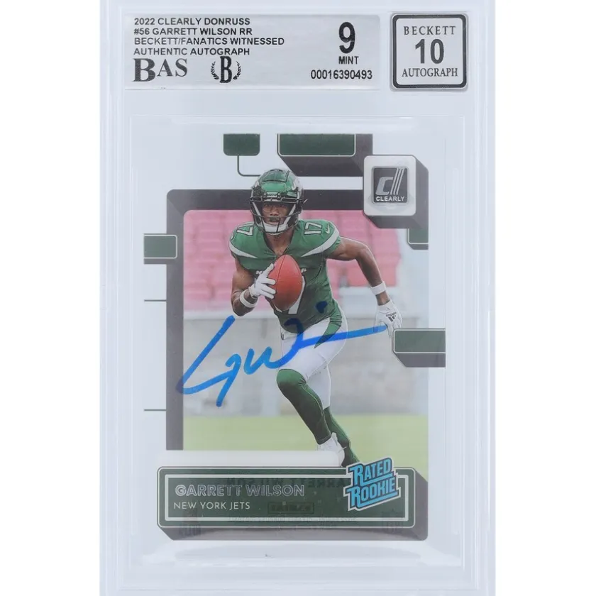 Trading Cards^New York Jets Garrett Wilson Autographed 2022 Panini Clearly Donruss Rated Rookie #56 Beckett Fanatics Witnessed Authenticated 9/10 Rookie Card