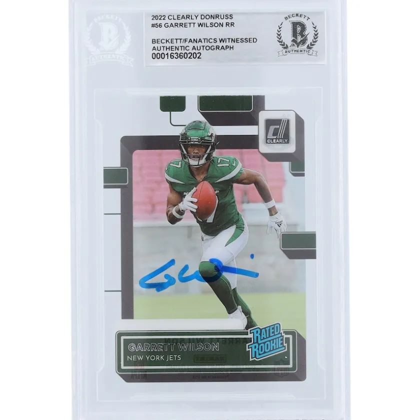 Trading Cards^New York Jets Garrett Wilson Autographed 2022 Panini Clearly Donruss Rated Rookie #56 Beckett Fanatics Witnessed Authenticated Rookie Card