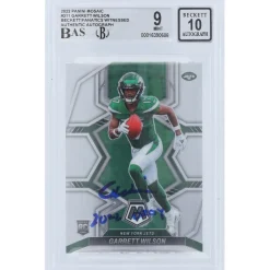 Trading Cards^New York Jets Garrett Wilson Autographed 2022 Panini Mosaic #311 Beckett Fanatics Witnessed Authenticated 9/10 Rookie Card With "2022 OROY" Inscription