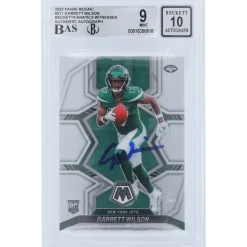 Trading Cards^New York Jets Garrett Wilson Autographed 2022 Panini Mosaic #311 Beckett Fanatics Witnessed Authenticated 9/10 Rookie Card