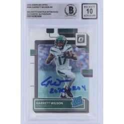 Trading Cards^New York Jets Garrett Wilson Autographed 2022 Panini Donruss Optic Rated Rookie #206 Beckett Fanatics Witnessed Authenticated 10 Rookie Card With "2022 OROY" Inscription