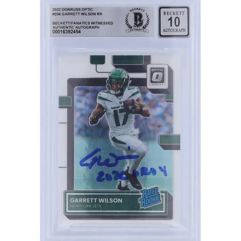 Trading Cards^New York Jets Garrett Wilson Autographed 2022 Panini Donruss Optic Rated Rookie #206 Beckett Fanatics Witnessed Authenticated 10 Rookie Card With "2022 OROY" Inscription
