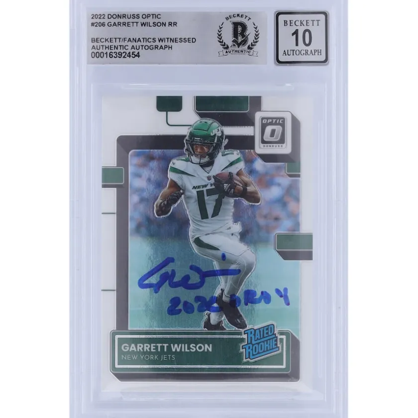 Trading Cards^New York Jets Garrett Wilson Autographed 2022 Panini Donruss Optic Rated Rookie #206 Beckett Fanatics Witnessed Authenticated 10 Rookie Card With "2022 OROY" Inscription