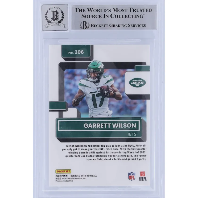 Trading Cards^New York Jets Garrett Wilson Autographed 2022 Panini Donruss Optic Rated Rookie #206 Beckett Fanatics Witnessed Authenticated 10 Rookie Card With "2022 OROY" Inscription