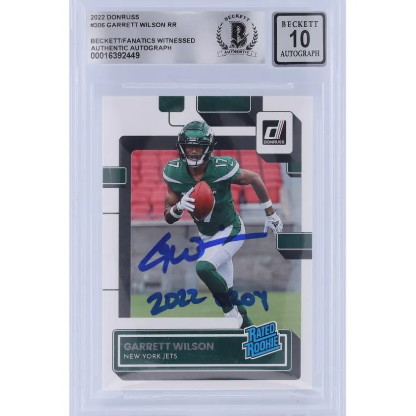 Trading Cards^New York Jets Garrett Wilson Autographed 2022 Panini Donruss Rated Rookie #306 Beckett Fanatics Witnessed Authenticated 10 Rookie Card With "2022 OROY" Inscription