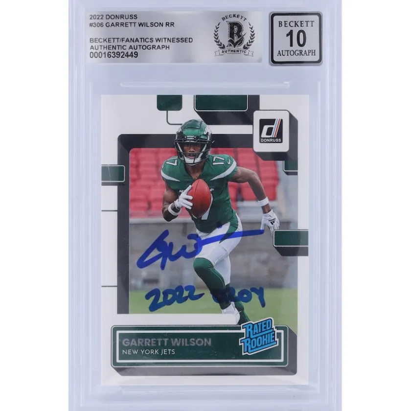 Trading Cards^New York Jets Garrett Wilson Autographed 2022 Panini Donruss Rated Rookie #306 Beckett Fanatics Witnessed Authenticated 10 Rookie Card With "2022 OROY" Inscription