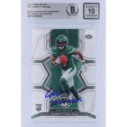 Trading Cards^New York Jets Garrett Wilson Autographed 2022 Panini Mosaic #311 Beckett Fanatics Witnessed Authenticated 10 Rookie Card With "2022 OROY" Inscription