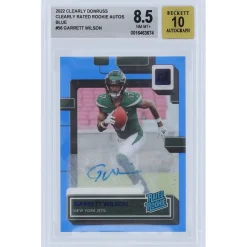 Trading Cards^New York Jets Garrett Wilson Autographed 2022 Panini Clearly Donruss Blue Variation #56 #15/99 BGS Authenticated 8.5/10 Rookie Card