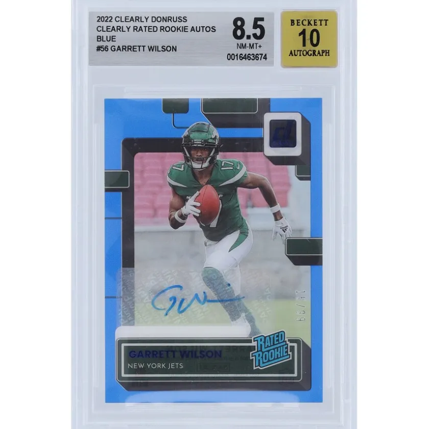 Trading Cards^New York Jets Garrett Wilson Autographed 2022 Panini Clearly Donruss Blue Variation #56 #15/99 BGS Authenticated 8.5/10 Rookie Card