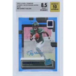 Trading Cards^New York Jets Garrett Wilson Autographed 2022 Panini Clearly Donruss Blue Variation #56 #15/99 BGS Authenticated 8.5/10 Rookie Card