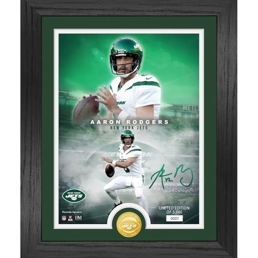 Photos|Plaques^New York Jets Highland Mint Aaron Rodgers 13'' X 16'' Legends Bronze Coin Photo Mint