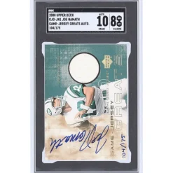 Trading Cards^New York Jets Joe Namath Autographed 2000 Upper Deck Game-Jersey Greats Relic #GJG-JN1 #104/175 SGC Authenticated 8/10 Card