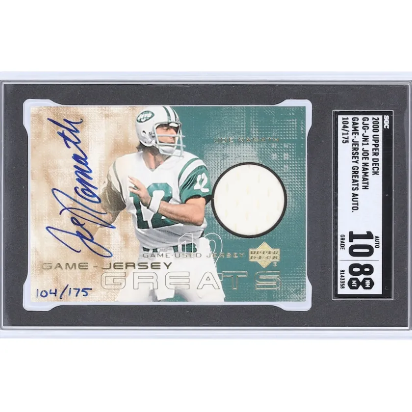 Trading Cards^New York Jets Joe Namath Autographed 2000 Upper Deck Game-Jersey Greats Relic #GJG-JN1 #104/175 SGC Authenticated 8/10 Card