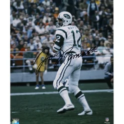 Photos|Prints & Artwork^New York Jets Joe Namath Autographed 16" X 20" White Jersey In Pocket Photograph