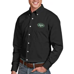 Polos|Sweaters & Dress Shirts^New York Jets Men's Antigua Black Dynasty Woven Long Sleeve Button-Down Logo Shirt