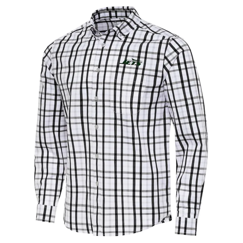 Sweaters & Dress Shirts|Sweaters^New York Jets Men's Antigua Black/Gray Tending Woven Tri-Blend Long Sleeve Button-Down Shirt