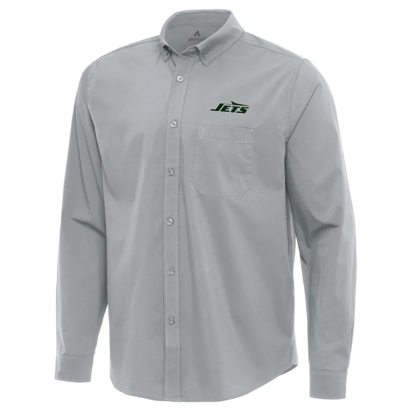 Sweaters & Dress Shirts|Sweaters^New York Jets Men's Antigua Gray Flight Woven Tri-Blend Long Sleeve Button-Down Shirt