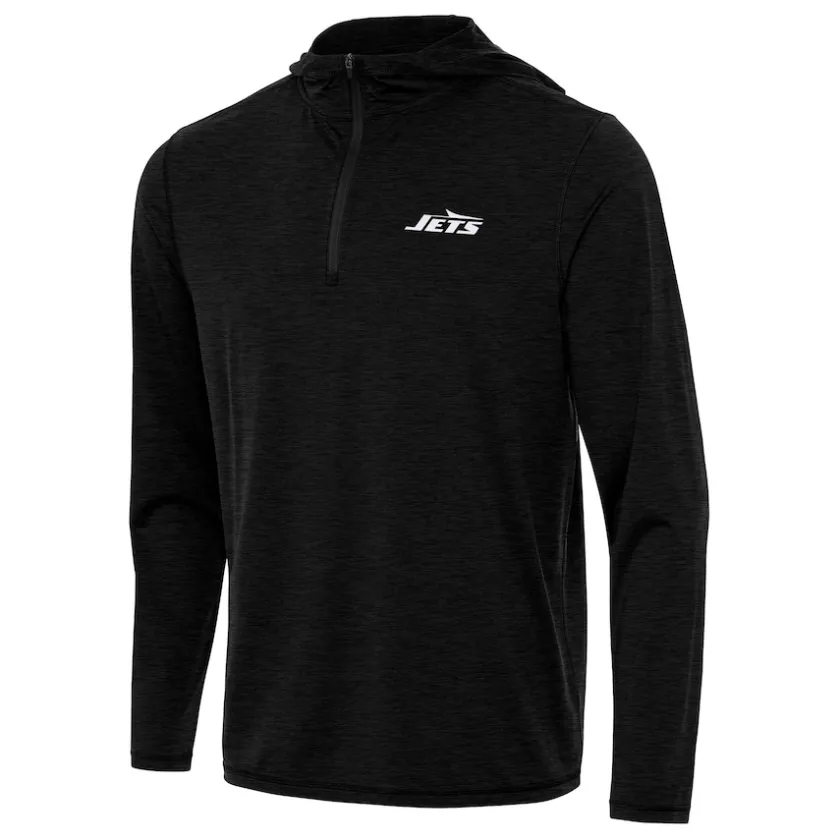 Jackets|Sweatshirts & Fleece^New York Jets Men's Antigua Heather Black Tidy Quarter-Zip Pullover Hoodie