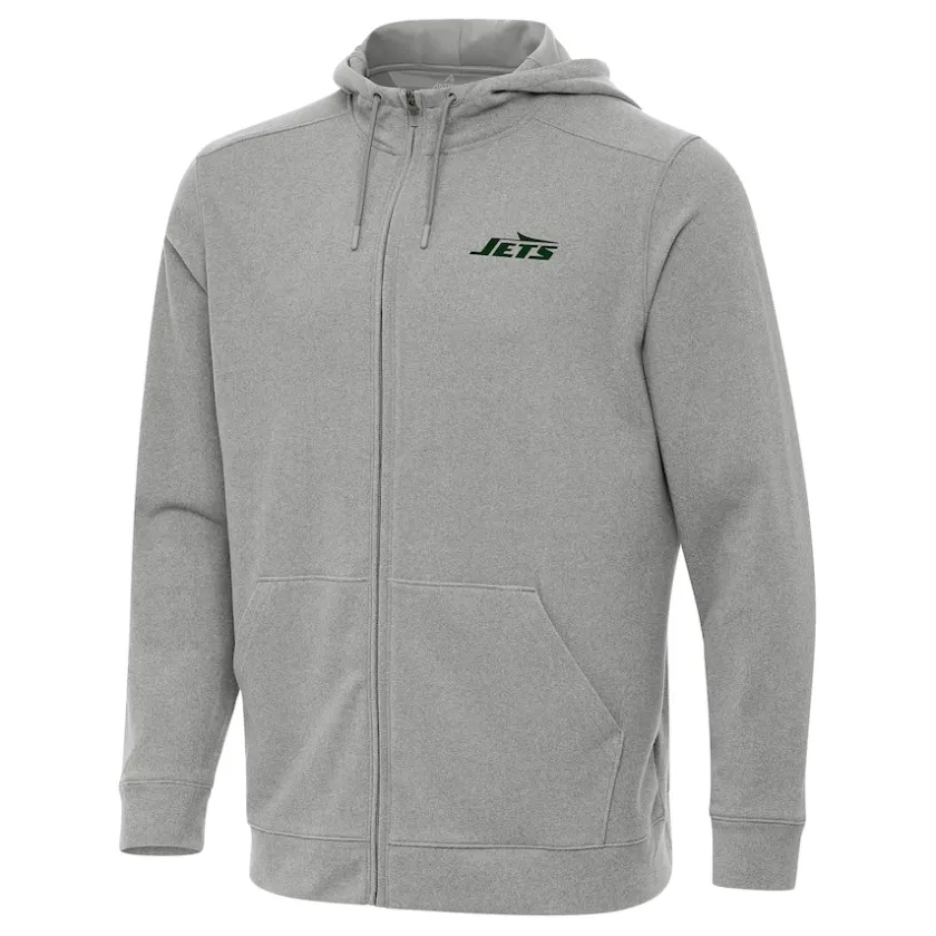 Jackets^New York Jets Men's Antigua Heather Gray Effortless Full-Zip Hoodie